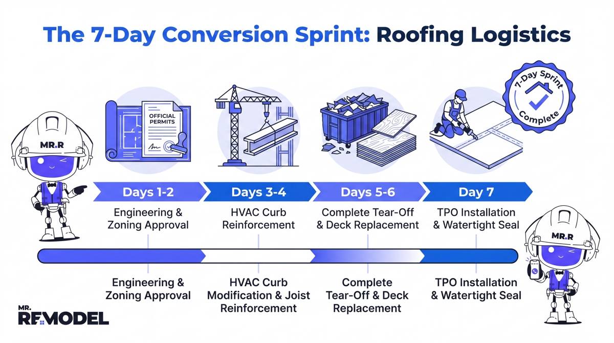An instructional infographic timeline detailing the seven-day operational sprint for commercial-to-residential roof conversions, from engineering approval on Day 1 to TPO installation on Day 7.
